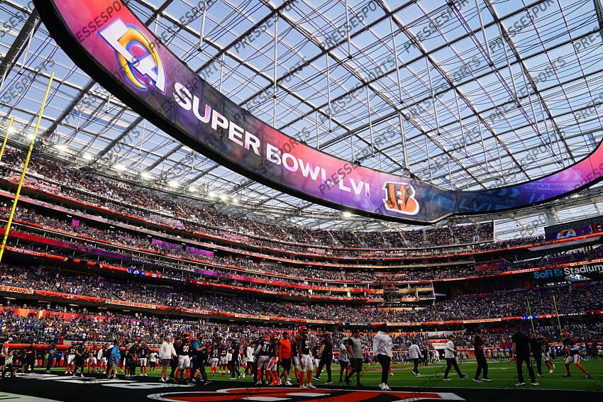 Los Angeles, California, USA. 13th Feb, 2022. A view of the field prior to  the NFL Super Bowl 56 LVI football game between the Los Angeles Rams and  the Cincinnati Bengals at