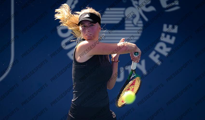 Marta Kostyuk of Ukraine in action during the first qualifications round of  the 2022 Dubai Duty Free Tennis Championships WTA 1000 tennis tournament on  February 12, 2022 at The Aviation Club Tennis