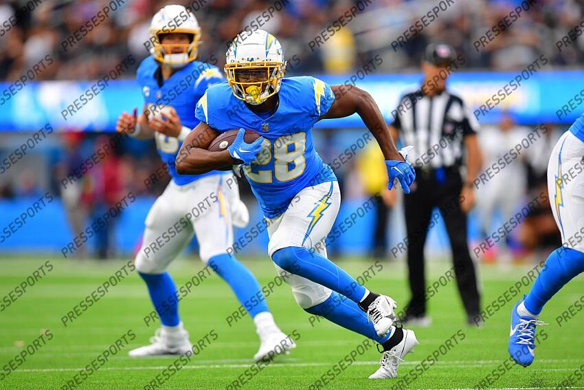 INGLEWOOD, CA - OCTOBER 23: Los Angeles Chargers running back Isaiah Spiller  (28) during the